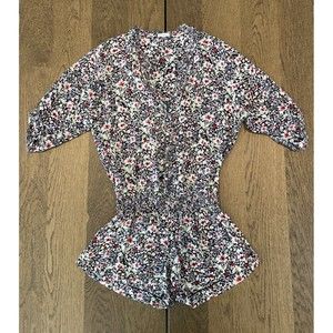 Poupette St Barth Navy Floral Romper Women’s S Frayed Hem Half Sleeve V Neck